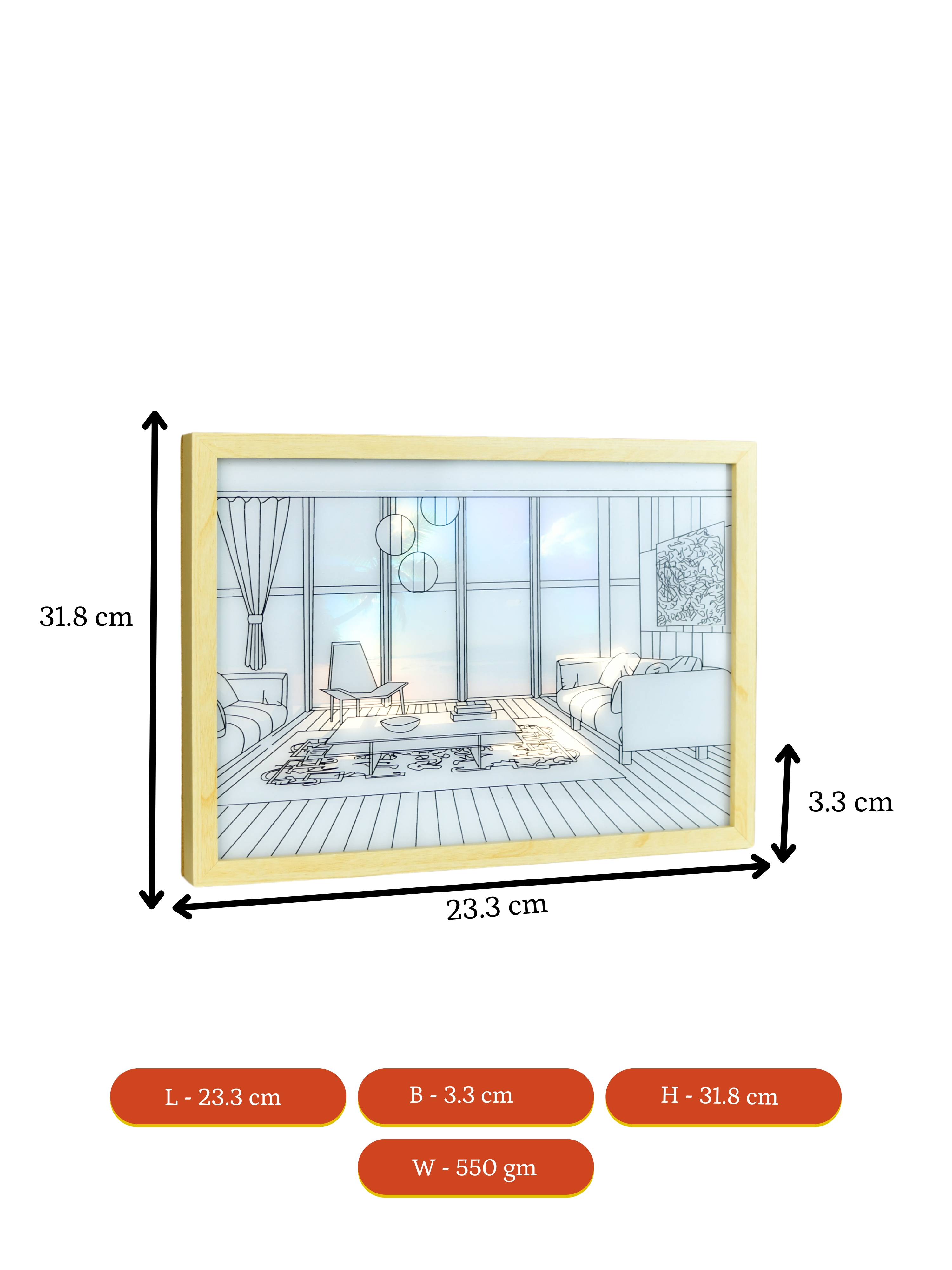 Mayii Illuminated Hall Room Frame – LED Landscape Photo Frame with Sofas, Carpet & Balcony for Chic Home Decor