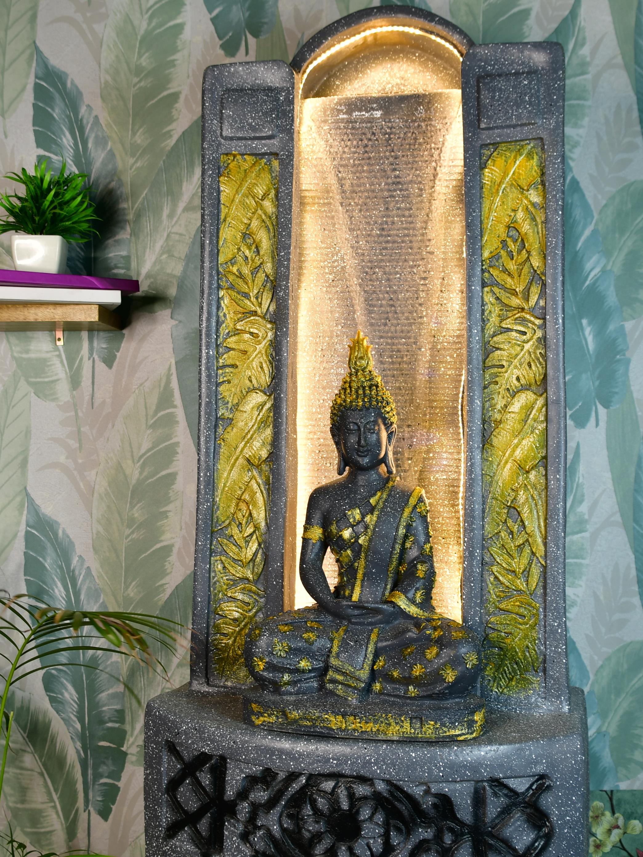 Mayii Golden Buddha Water Fountain – Elegant Buddha Sitting Against Tall Wall for Luxurious Home Decor & Gifts