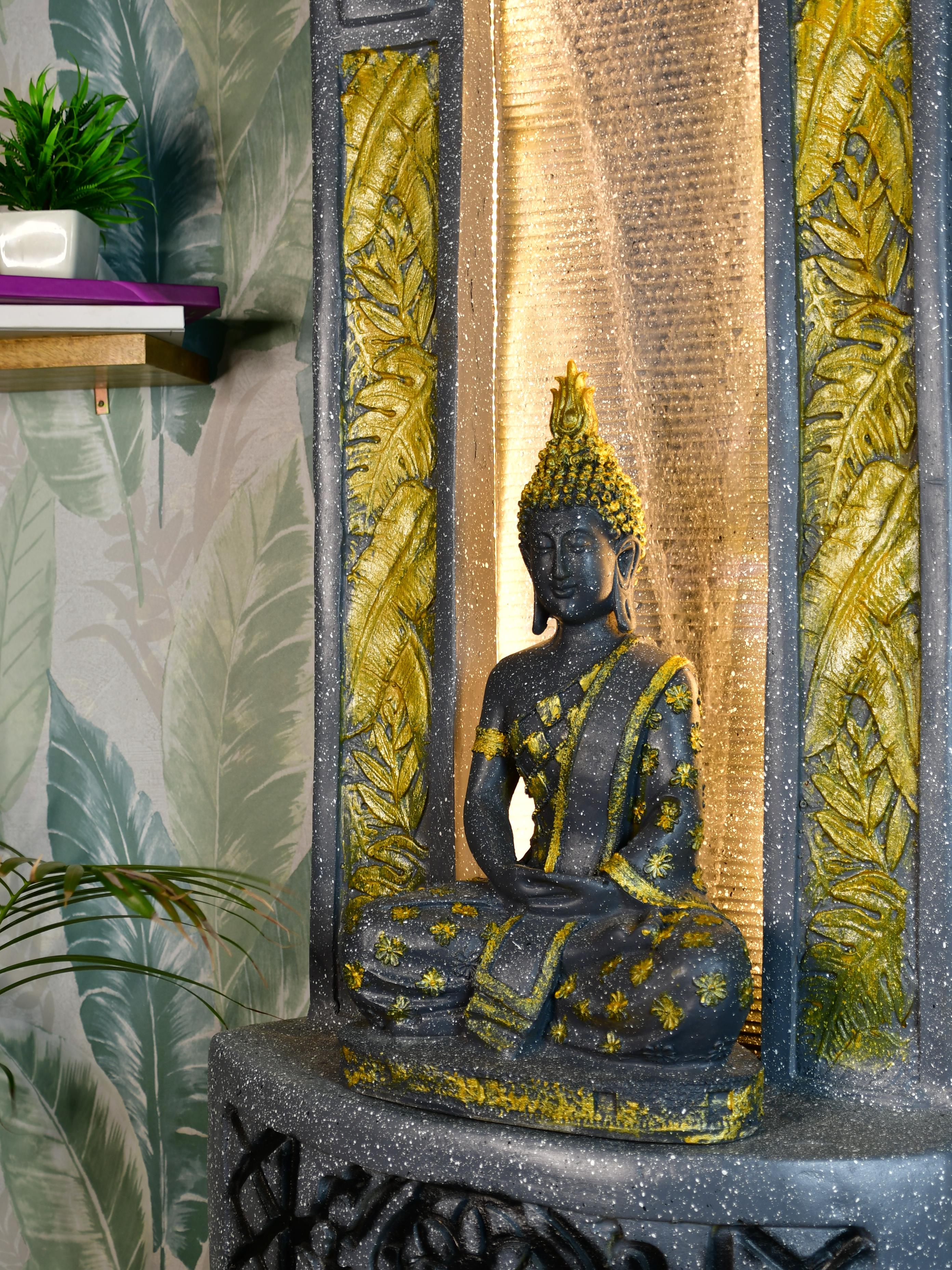 Mayii Golden Buddha Water Fountain – Elegant Buddha Sitting Against Tall Wall for Luxurious Home Decor & Gifts