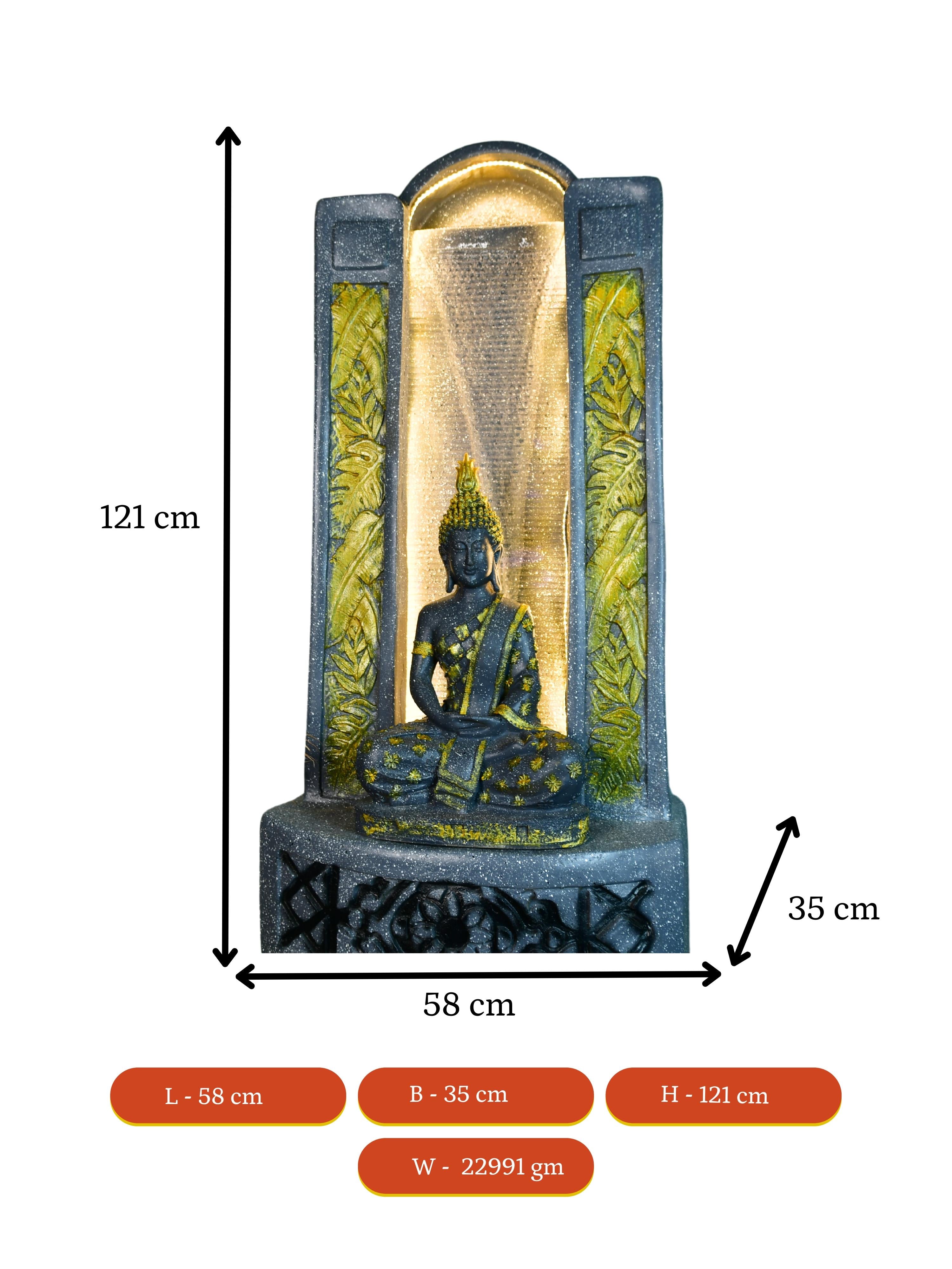 Mayii Golden Buddha Water Fountain – Elegant Buddha Sitting Against Tall Wall for Luxurious Home Decor & Gifts