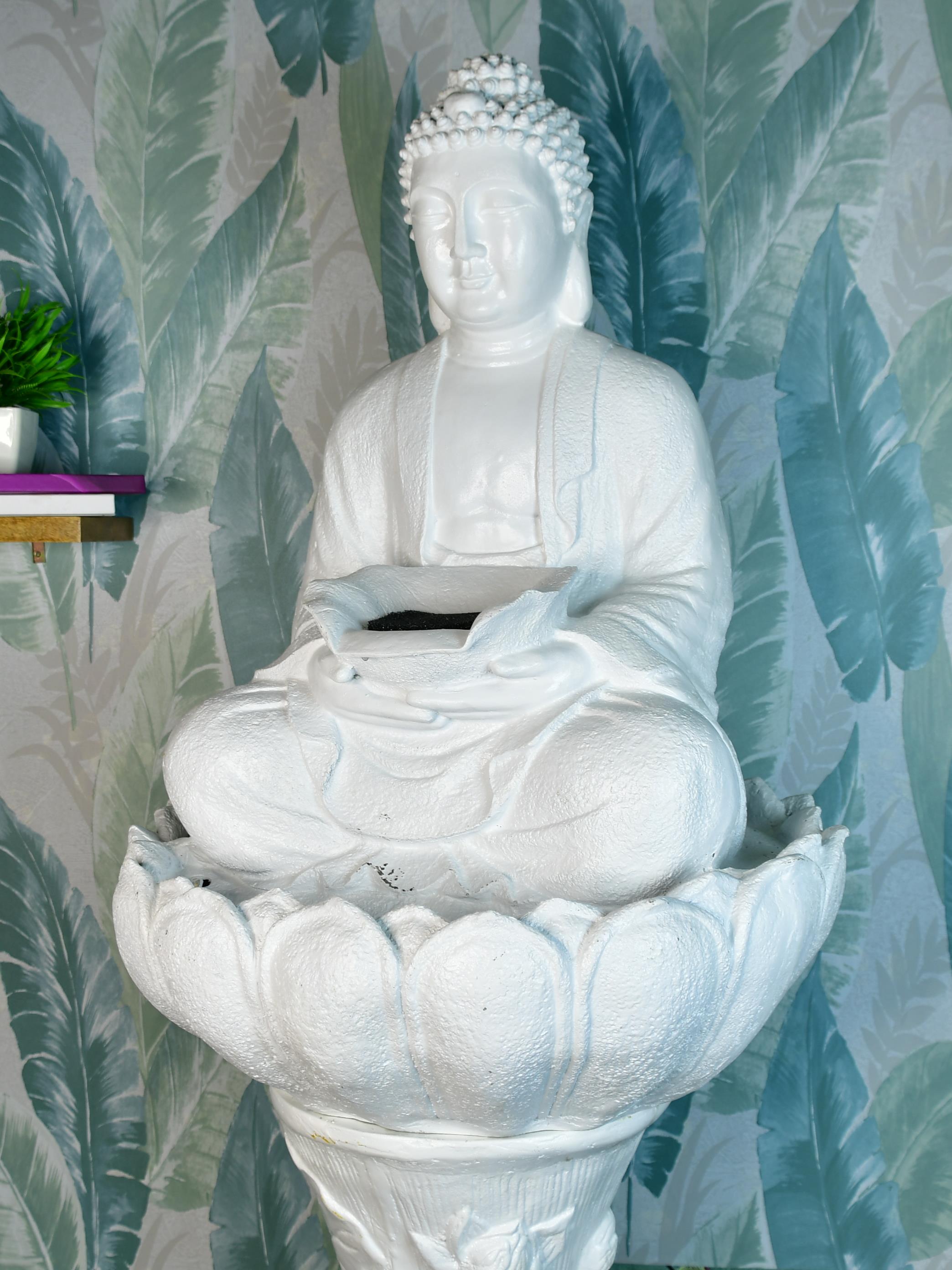 Mayii White Buddha Water Fountain – Elegant Buddha Sitting Waterfall for Tranquil Home Decor & Gifts