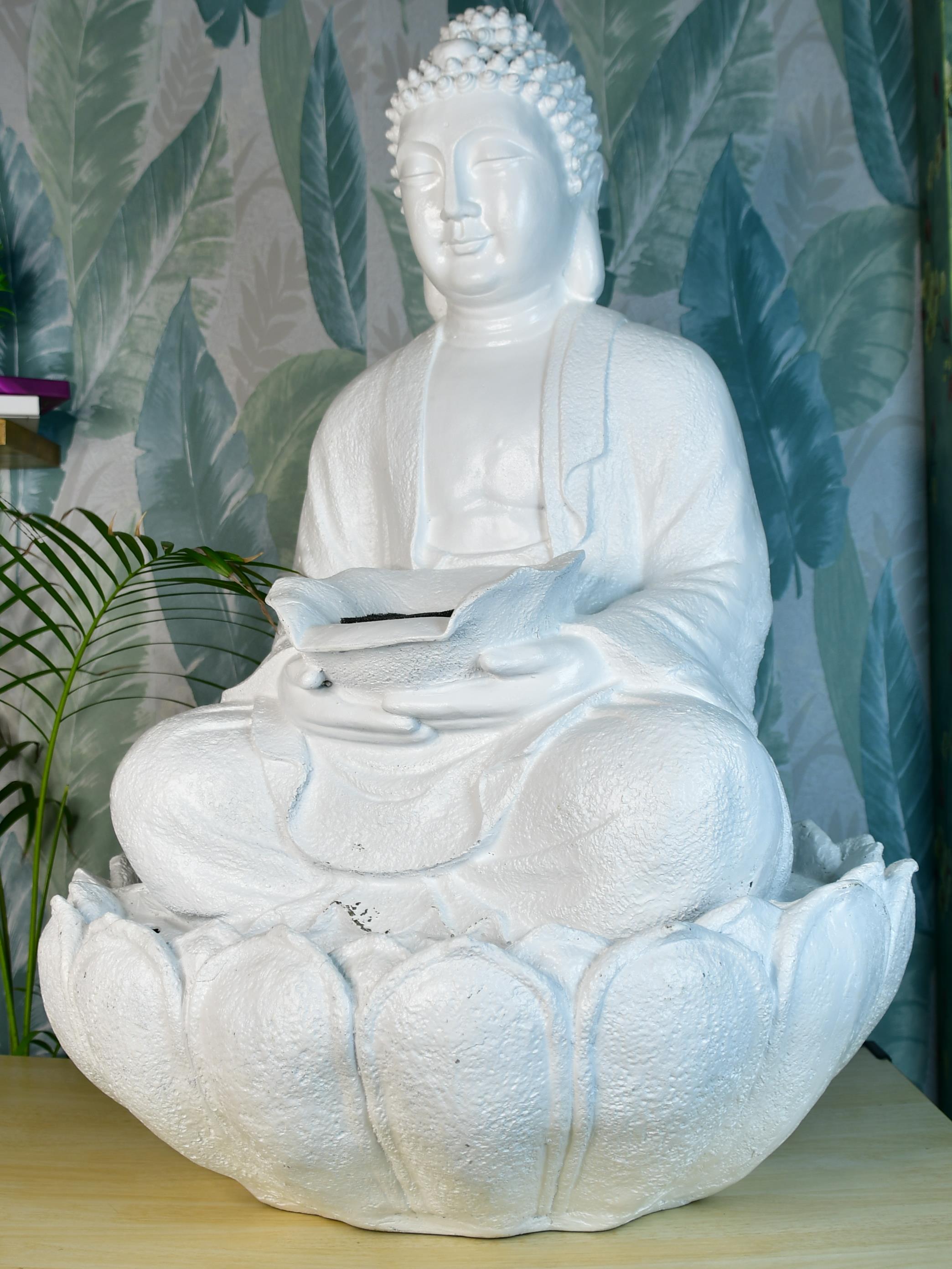 Mayii White Buddha Water Fountain – Elegant Buddha Sitting Waterfall for Tranquil Home Decor & Gifts