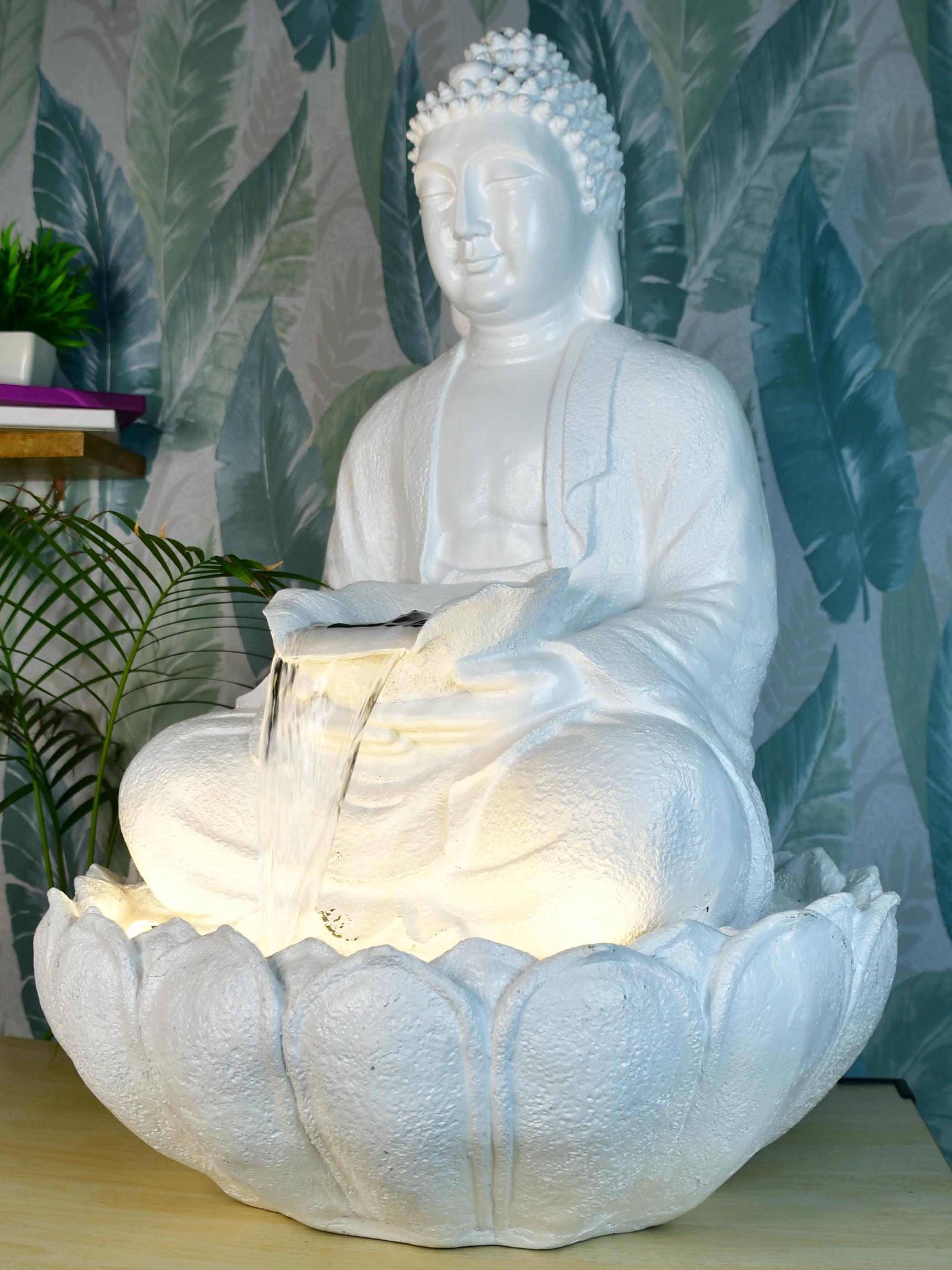 Mayii White Buddha Water Fountain – Elegant Buddha Sitting Waterfall for Tranquil Home Decor & Gifts