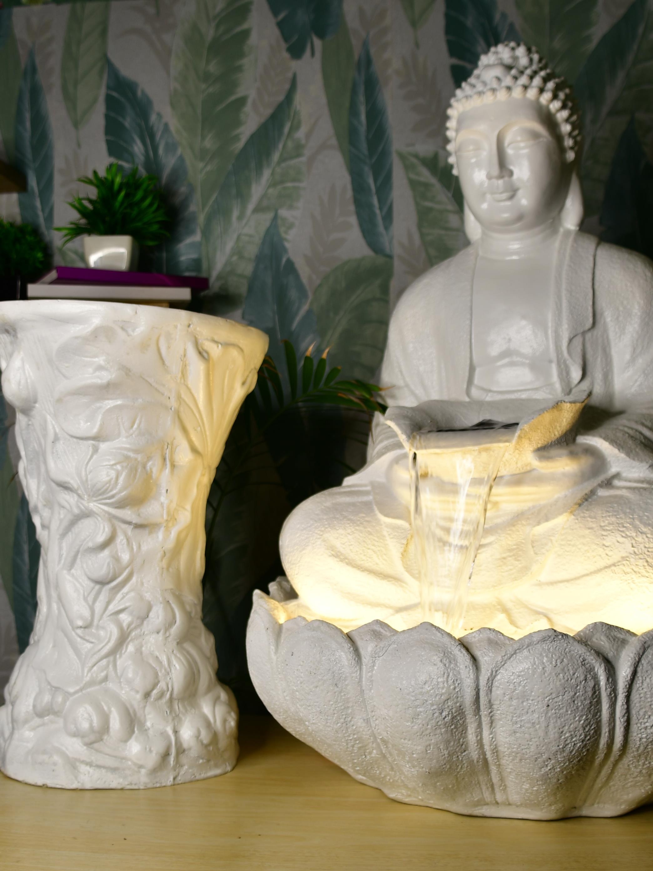 Mayii White Buddha Water Fountain – Elegant Buddha Sitting Waterfall for Tranquil Home Decor & Gifts