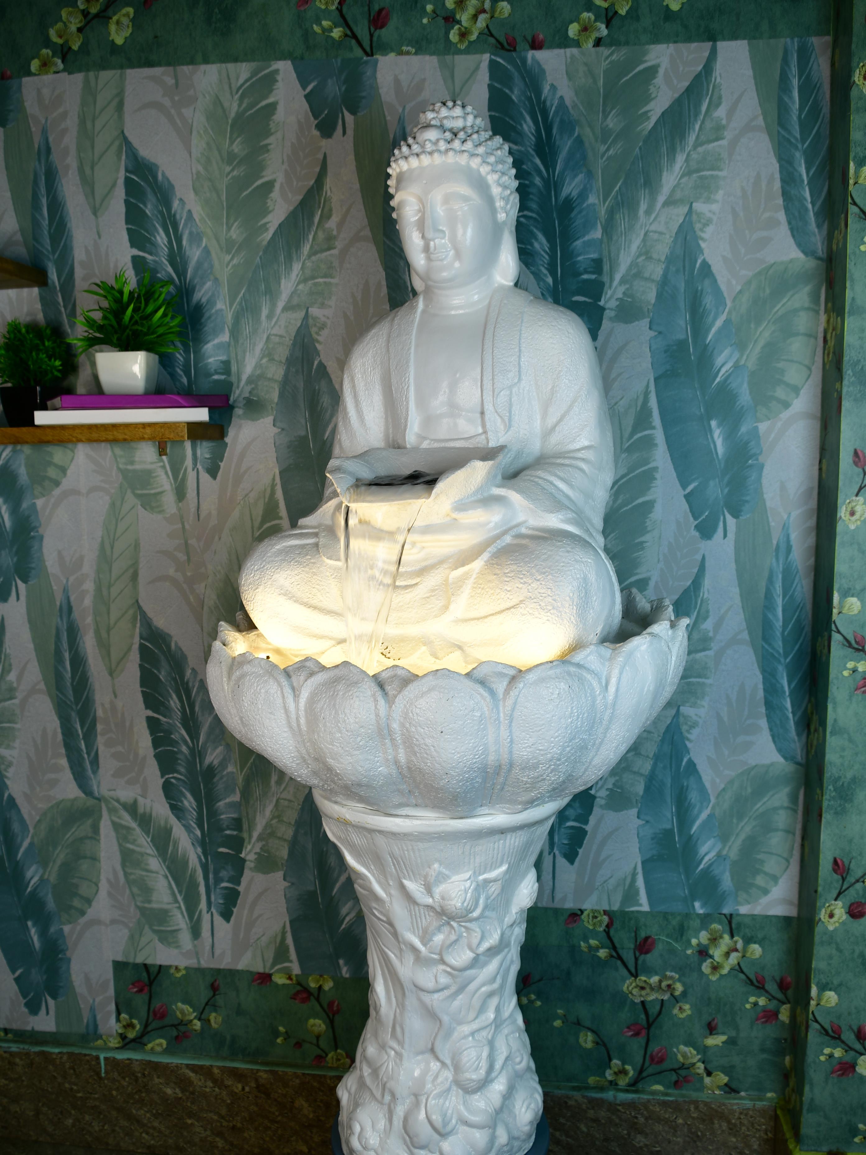 Mayii White Buddha Water Fountain – Elegant Buddha Sitting Waterfall for Tranquil Home Decor & Gifts