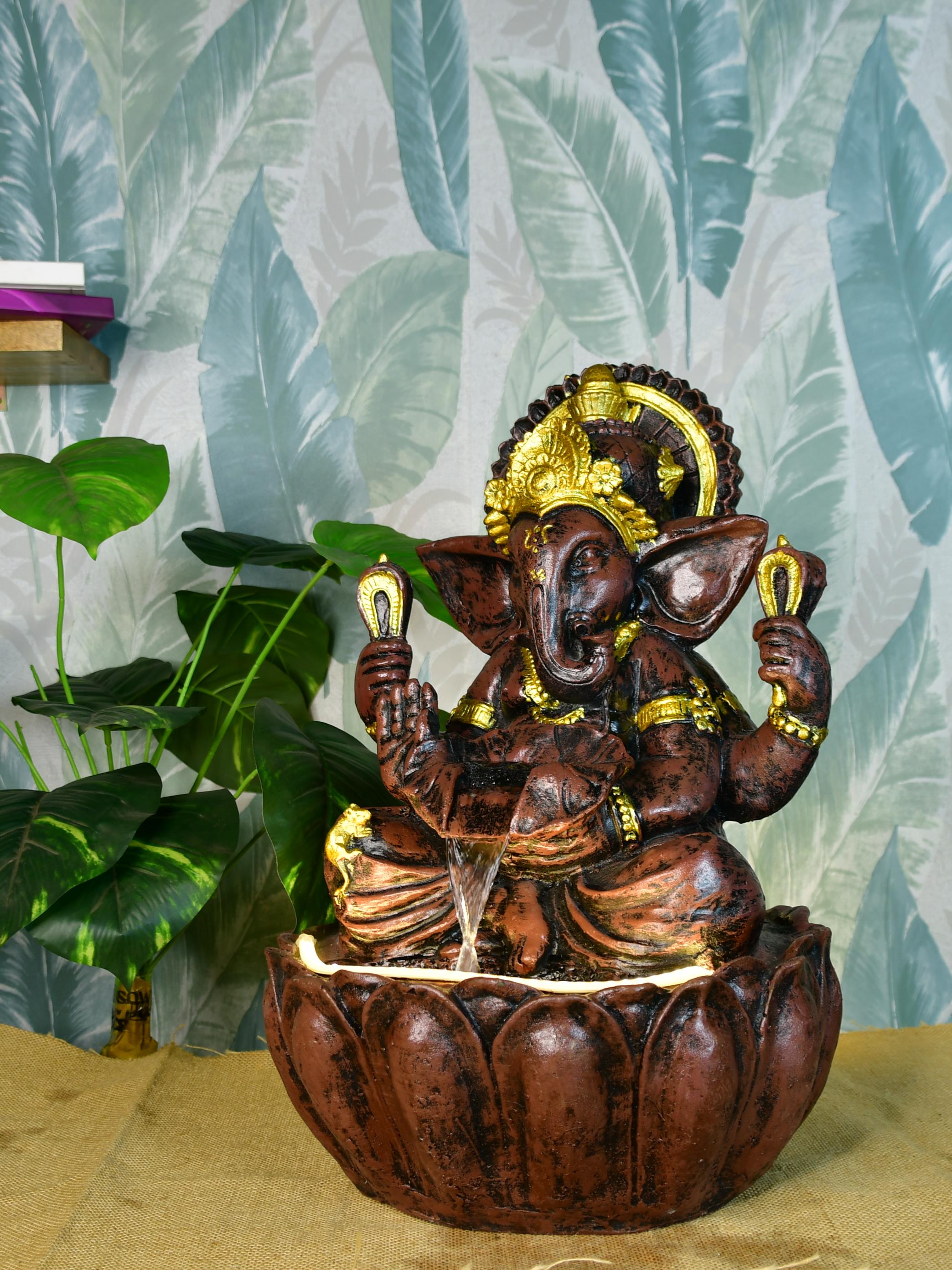 Mayii Brown Ganesha Water Fountain – Elegant Ganesha Sitting Waterfall for Spiritual Home Decor & Gifts