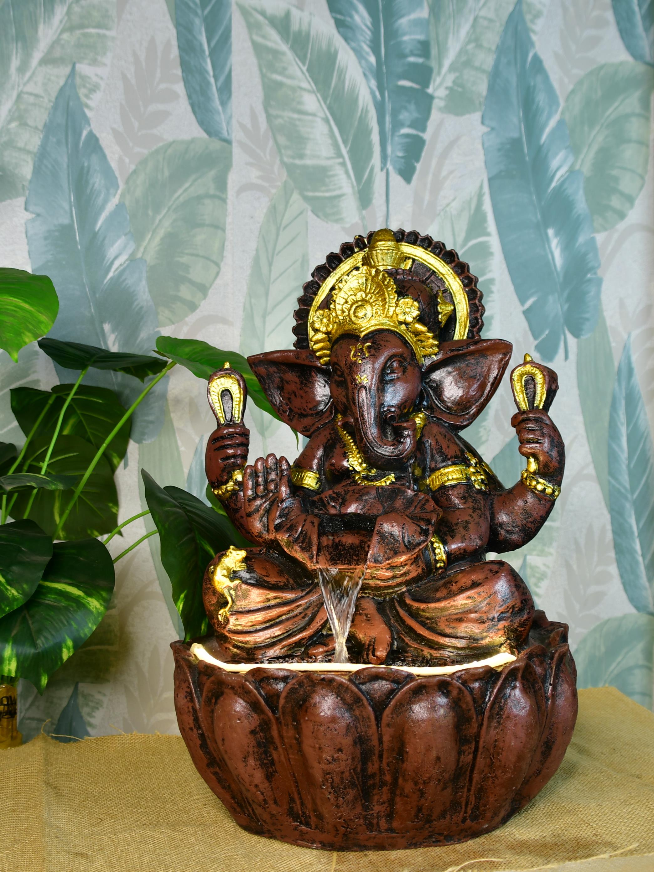 Mayii Brown Ganesha Water Fountain – Elegant Ganesha Sitting Waterfall for Spiritual Home Decor & Gifts