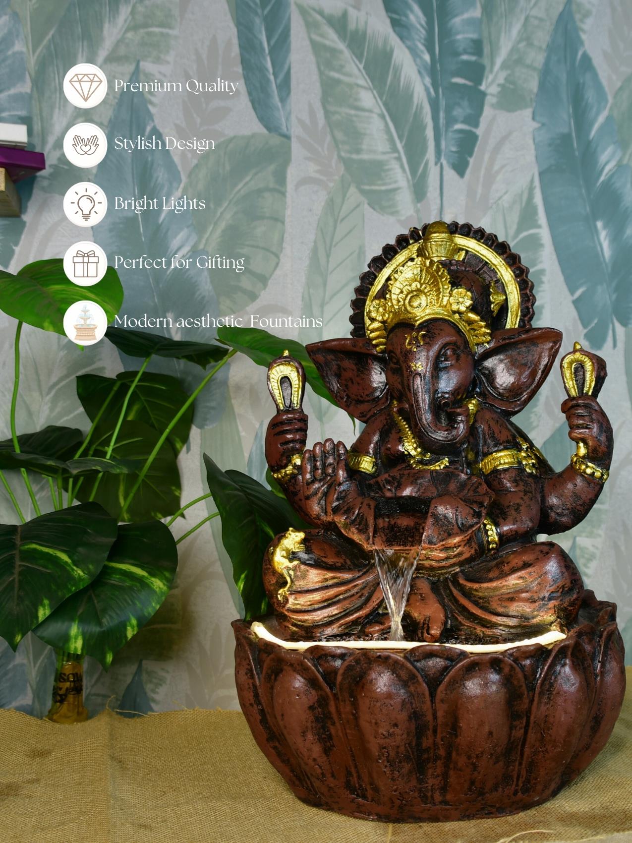 Mayii Brown Ganesha Water Fountain – Elegant Ganesha Sitting Waterfall for Spiritual Home Decor & Gifts